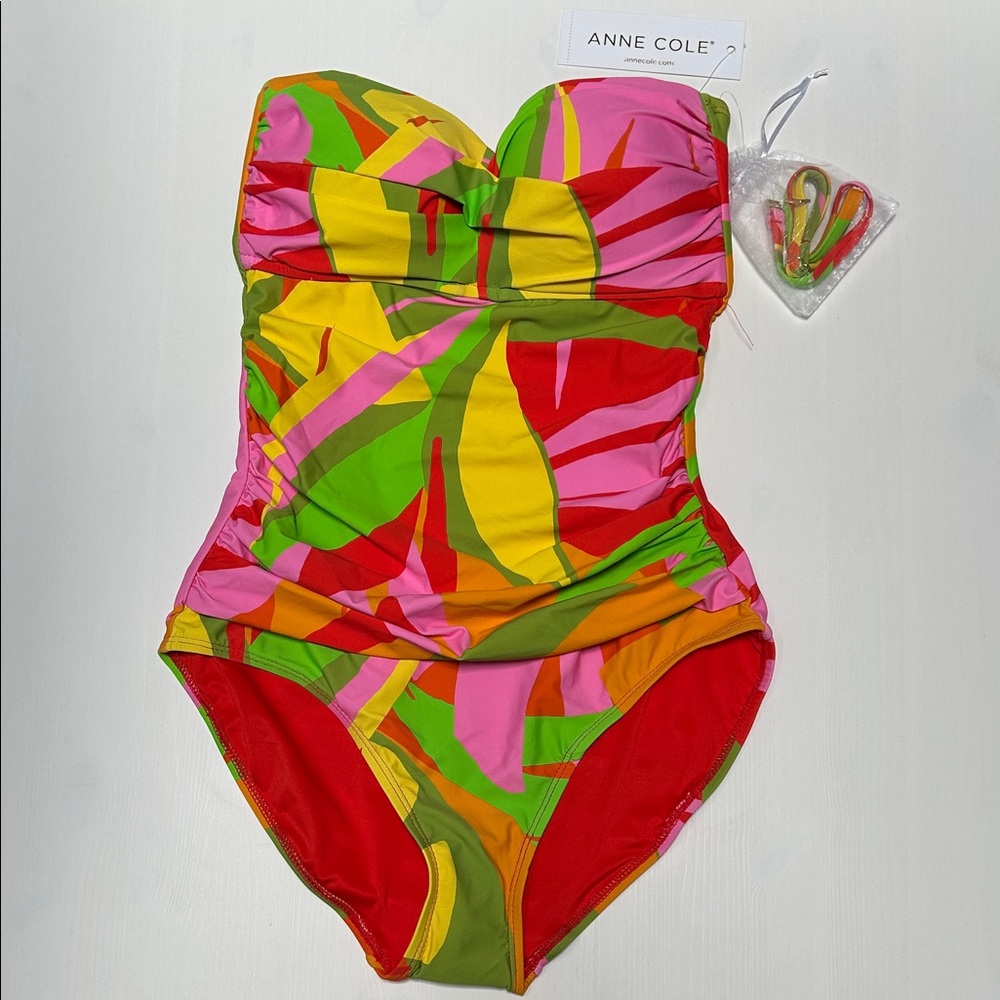 Anne Cole Bright Tropical One-Piece Swimsuit - Pink, Yellow, Green, Red. SIZE 8